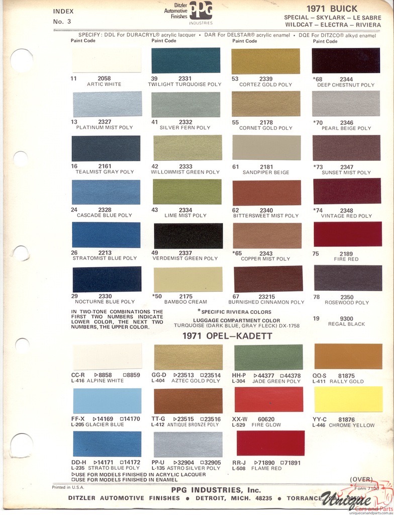 1971 Buick And Opel Paint Charts PPG 1